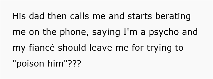 Text message about FIL's reaction to vegetarian meatballs, calling fiancée "psycho" and demanding son to leave her. Text message about FIL's reaction to vegetarian meatballs, calling fiancée "psycho" and demanding son to leave her.