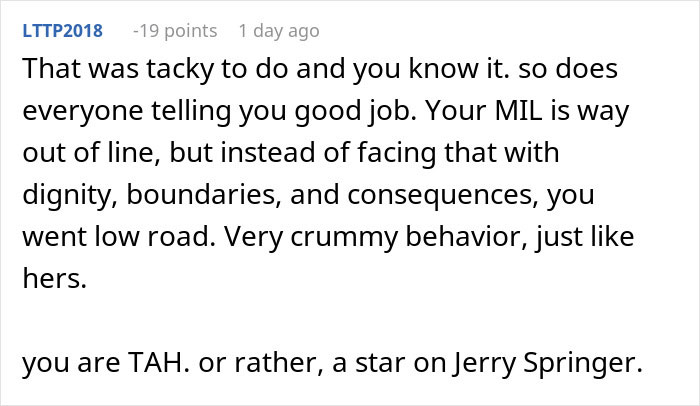 Text comment about a woman breastfeeding in response to MIL's rude comments, referencing Jerry Springer-like behavior. Text comment about a woman breastfeeding in response to MIL's rude comments, referencing Jerry Springer-like behavior.