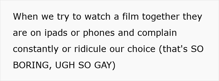Text message discussing stepkids using phones during movies and ridiculing film choices. Text message discussing stepkids using phones during movies and ridiculing film choices.