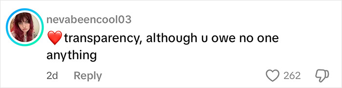 Comment supporting transparency in Sami Sheen's cosmetic surgery post, showing a red heart emoji and 262 likes. Comment supporting transparency in Sami Sheen's cosmetic surgery post, showing a red heart emoji and 262 likes.