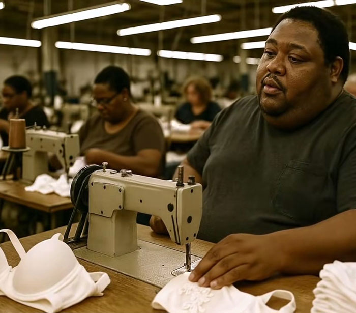 Factory workers sewing at machines, illustrating themes of US tariffs and reality in Chinese artist's video. Factory workers sewing at machines, illustrating themes of US tariffs and reality in Chinese artist's video.