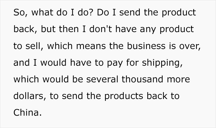 Text describing a US small business owner's dilemma about tariffs affecting product returns to China. Text describing a US small business owner's dilemma about tariffs affecting product returns to China.