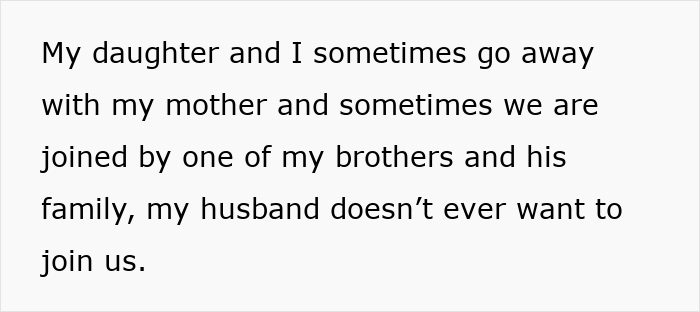 Text describing a stepdaughter-holiday-stepmom drama with family members going away together while husband stays behind. Text describing a stepdaughter-holiday-stepmom drama with family members going away together while husband stays behind.