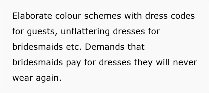 Text criticizing new generations for elaborate wedding dress codes and bridesmaids paying for dresses they won't reuse. Text criticizing new generations for elaborate wedding dress codes and bridesmaids paying for dresses they won't reuse.
