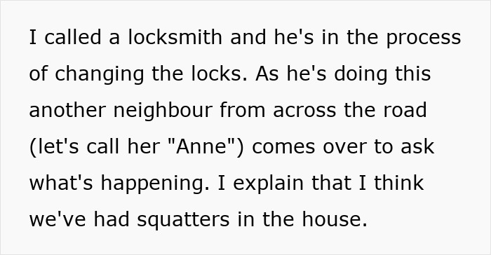 Text conversation about changing locks after neighbors enter late mom's house uninvited. Text conversation about changing locks after neighbors enter late mom's house uninvited.