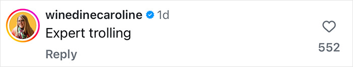 Instagram comment by user "winedinecaroline" saying "Expert trolling" with 552 likes. Instagram comment by user "winedinecaroline" saying "Expert trolling" with 552 likes.