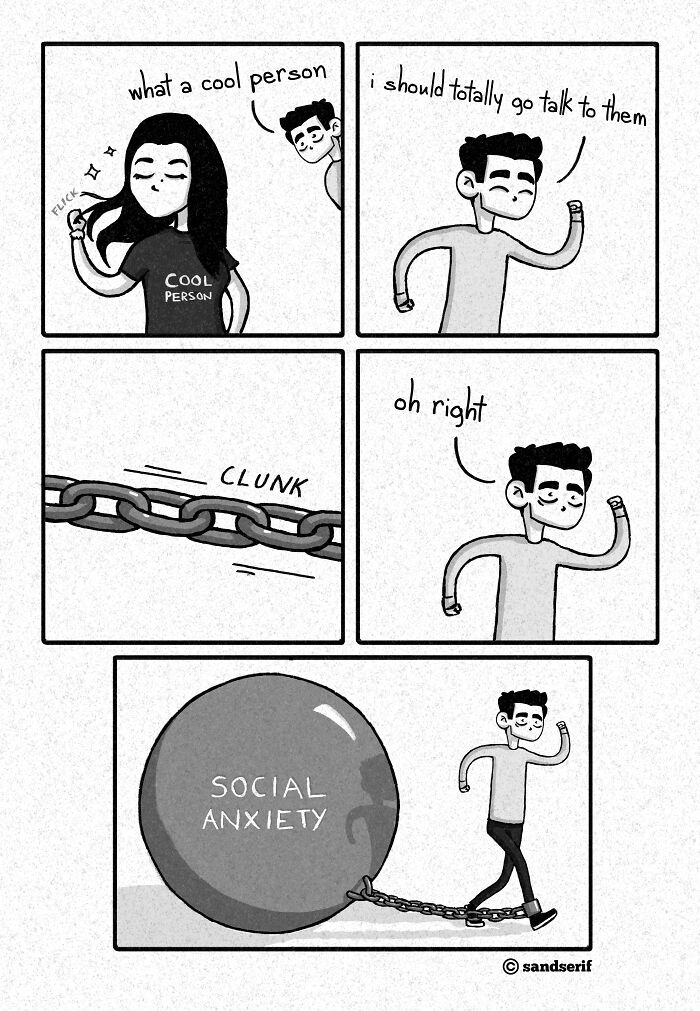 Comic by Bored Panda artist shows person hindered by social anxiety while trying to approach someone.