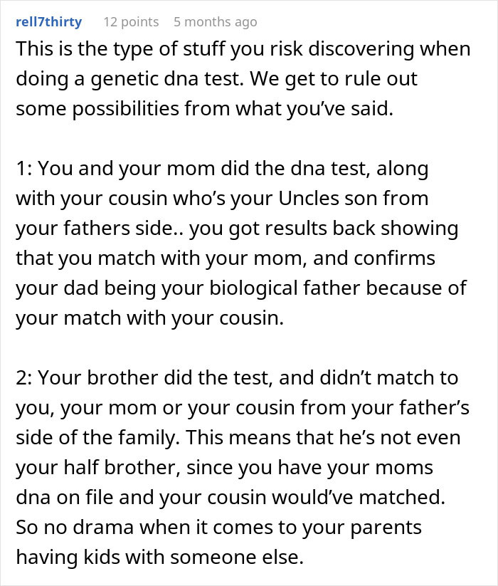 Text screenshot explaining genetic DNA test possibilities and family surprises. Text screenshot explaining genetic DNA test possibilities and family surprises.