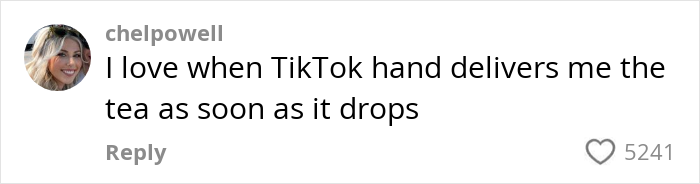TikTok comment about cheating drama, expressing love for receiving trending news quickly. TikTok comment about cheating drama, expressing love for receiving trending news quickly.