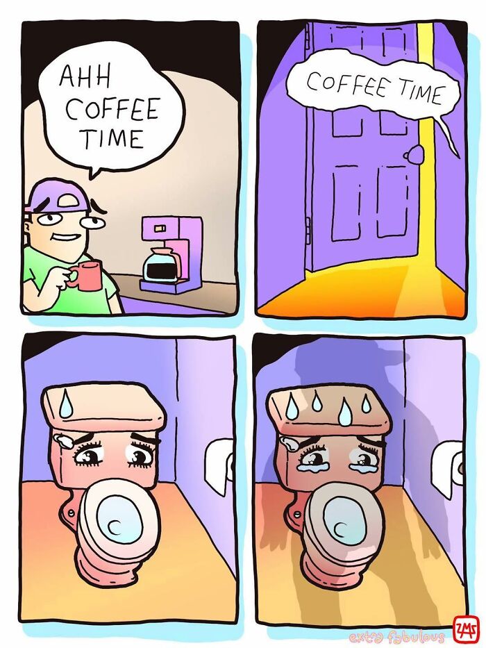 Cartoon dad joke comic shows a man enjoying coffee time and a toilet sweating and crying in a funny dad joke post.