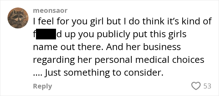 Comment discussing public disclosure of personal medical choices, related to pregnancy results and cheating. Comment discussing public disclosure of personal medical choices, related to pregnancy results and cheating.