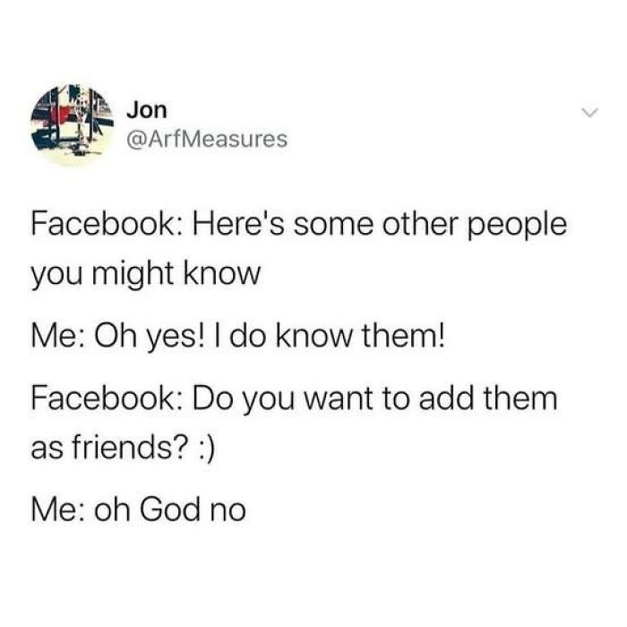 Funny dad joke post from a Facebook group showing a humorous conversation about knowing people but not adding them as friends.