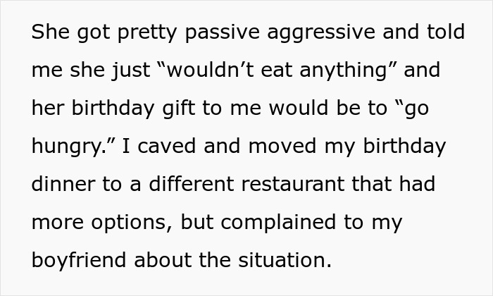 Text about a friend's passive aggressive reaction to birthday dinner plans changing due to diet restrictions. Text about a friend's passive aggressive reaction to birthday dinner plans changing due to diet restrictions.