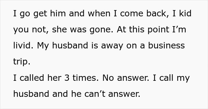 Text discussing babysitting miscommunication and escalating conflict between in-laws. Text discussing babysitting miscommunication and escalating conflict between in-laws.