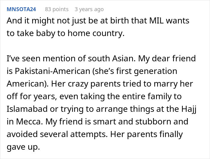 Text about MIL wanting to take baby to home country, shared by user MNSOTA24 three years ago on a public forum. Text about MIL wanting to take baby to home country, shared by user MNSOTA24 three years ago on a public forum.