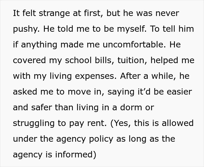 Text describing the supportive relationship between a woman and her sugar daddy. Text describing the supportive relationship between a woman and her sugar daddy.