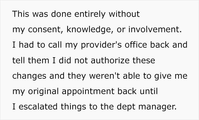 Text detailing an appointment canceled without consent, requiring escalation for resolution. Text detailing an appointment canceled without consent, requiring escalation for resolution.