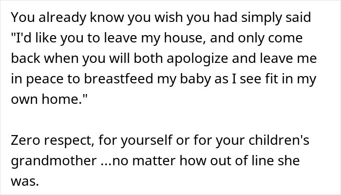 Text discussing a woman's response to rude comments about breastfeeding in her home. Text discussing a woman's response to rude comments about breastfeeding in her home.