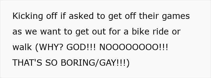 Text screenshot showing a reaction to stepkids refusing to pause their games for outdoor activities. Text screenshot showing a reaction to stepkids refusing to pause their games for outdoor activities.