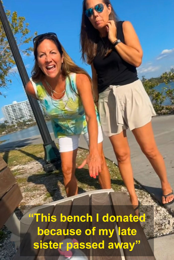 Two upset women gesturing near a park bench, with a quote about a donated bench visible. Two upset women gesturing near a park bench, with a quote about a donated bench visible.