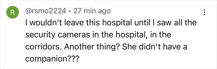 Comment about pregnant woman having twins, questioning hospital security and lack of companion. Comment about pregnant woman having twins, questioning hospital security and lack of companion.