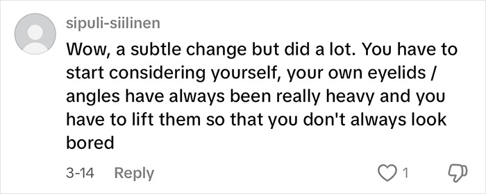 Comment on eyelid surgery changes, discussing heavy eyelids and appearance, with 1 like displayed. Comment on eyelid surgery changes, discussing heavy eyelids and appearance, with 1 like displayed.