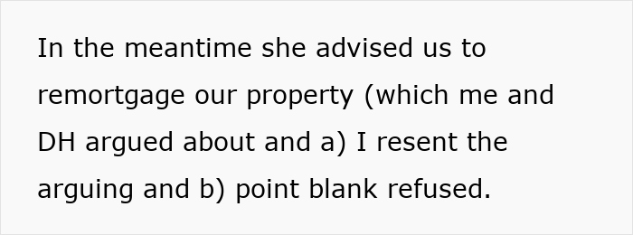 Text advising to remortgage property, causing a couple to argue and refuse amid concerns of financial grooming. Text advising to remortgage property, causing a couple to argue and refuse amid concerns of financial grooming.