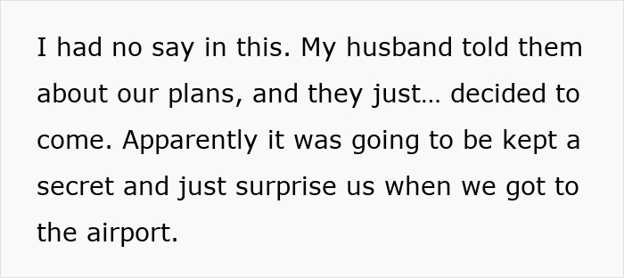Text screenshot about a mom surprised by husband's friends joining family vacation. Text screenshot about a mom surprised by husband's friends joining family vacation.