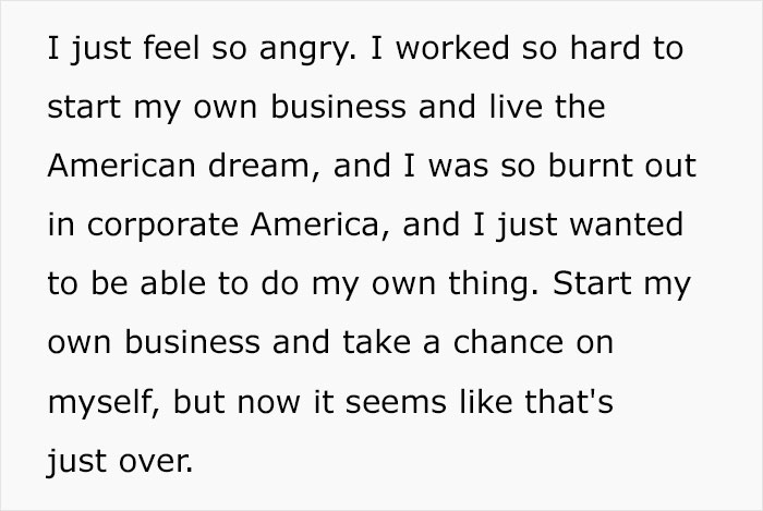 Text from a small business owner in the US expressing concern over tariffs impacting her company. Text from a small business owner in the US expressing concern over tariffs impacting her company.