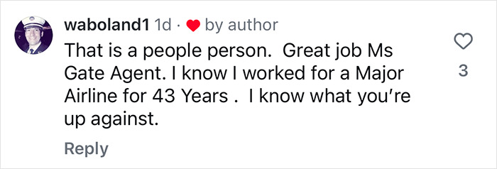 Comment praising airlines worker for handling passenger frustration after delay. Comment praising airlines worker for handling passenger frustration after delay.