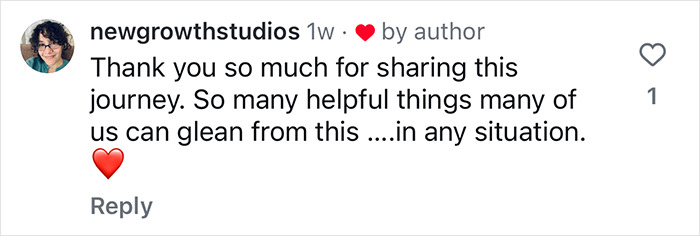 Comment by newgrowthstudios appreciating shared journey, featuring a red heart emoji. Comment by newgrowthstudios appreciating shared journey, featuring a red heart emoji.