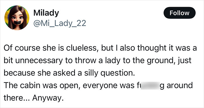 Tweet text discussing a woman being tackled by crew after trying to storm cockpit due to a flight delay. Tweet text discussing a woman being tackled by crew after trying to storm cockpit due to a flight delay.