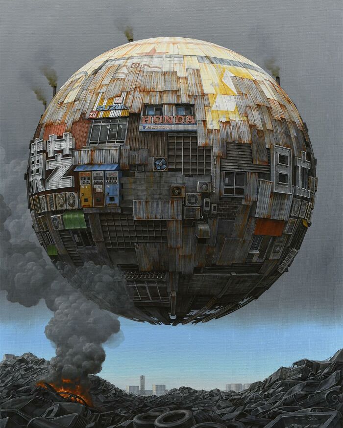 Surreal floating sphere representing post-apocalyptic urban city with rusted metal and industrial elements above ruins.