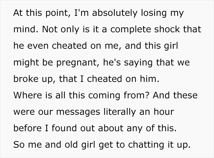 Text reveals woman's shock at boyfriend's cheating and pregnancy news from another woman, expressing disbelief and confusion. Text reveals woman's shock at boyfriend's cheating and pregnancy news from another woman, expressing disbelief and confusion.