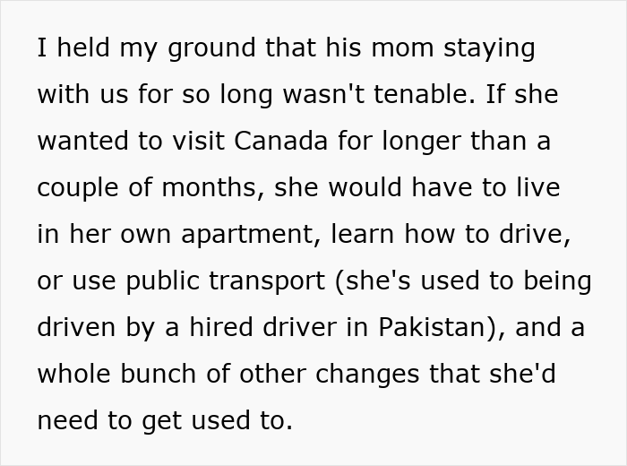 Discussion about MIL's extended stay expectations and adapting to Canadian lifestyle changes. Discussion about MIL's extended stay expectations and adapting to Canadian lifestyle changes.