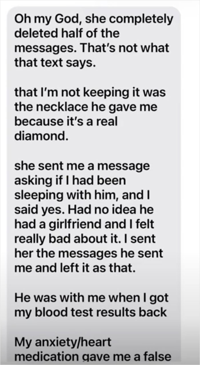 Text message revealing cheating boyfriend's mistress situation, involving pregnancy results. Text message revealing cheating boyfriend's mistress situation, involving pregnancy results.