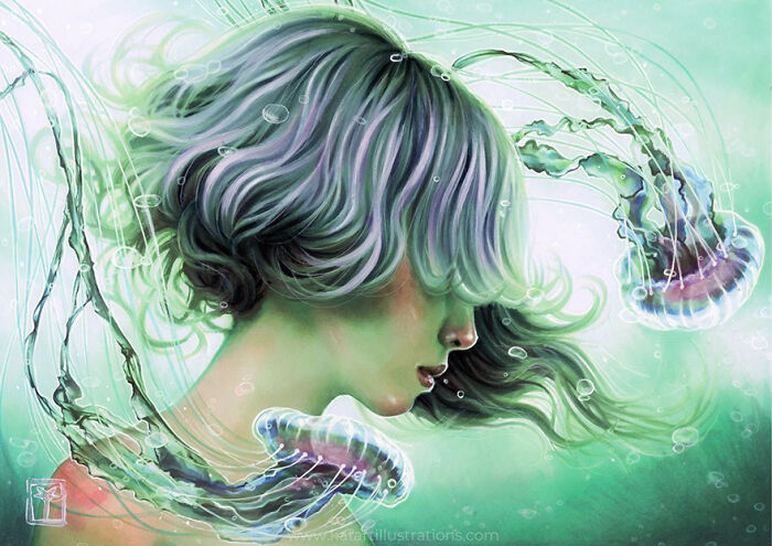 Ethereal illustration by Katrina Young, featuring a woman with flowing hair and jellyfish in an underwater scene.