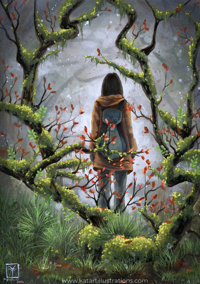 Ethereal illustration by Katrina Young of a figure in a forest surrounded by lush vines and foliage.