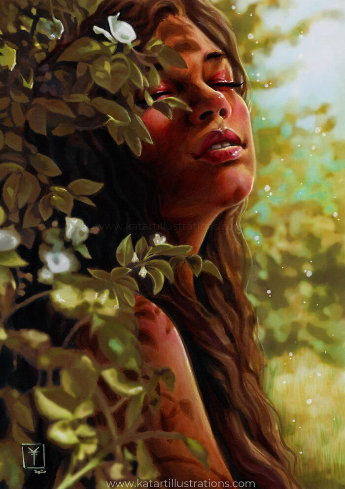 Ethereal illustration of a serene woman surrounded by leaves in soft sunlight by Katrina Young.