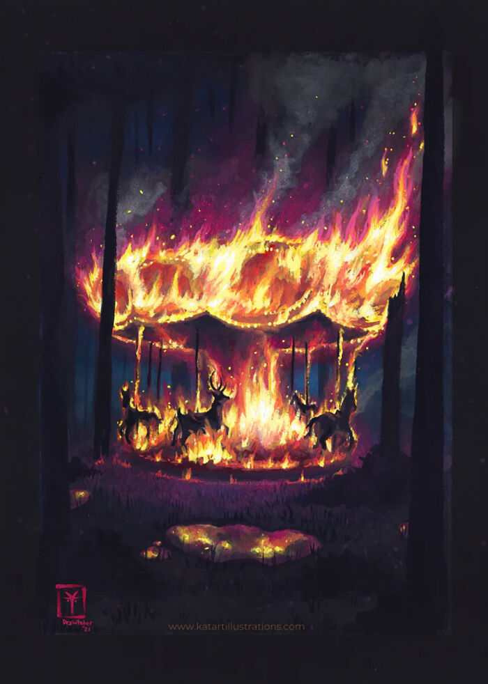 Ethereal illustration of a carousel on fire in a dark forest background.