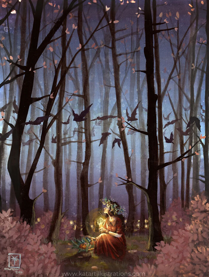 Ethereal illustration of a woman in a forest, surrounded by glowing lights and birds in twilight.