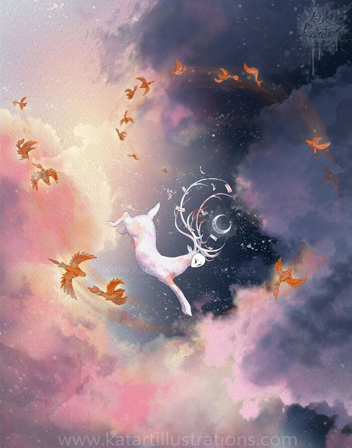 Ethereal illustration by Katrina Young featuring a celestial deer with antlers among colorful clouds and birds.