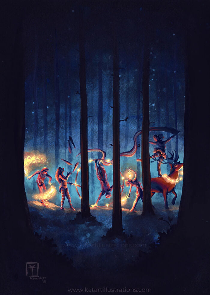 Ethereal illustration by Katrina Young depicting a mystical forest scene with glowing figures and a deer.
