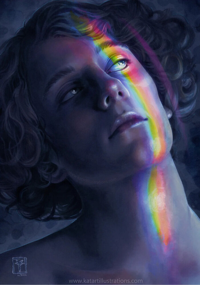 Ethereal illustration of a person with a rainbow light across their face and neck, by Katrina Young.