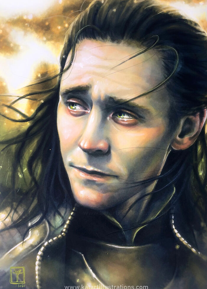 Ethereal illustration by Katrina Young depicting a thoughtful character with flowing dark hair and golden background.