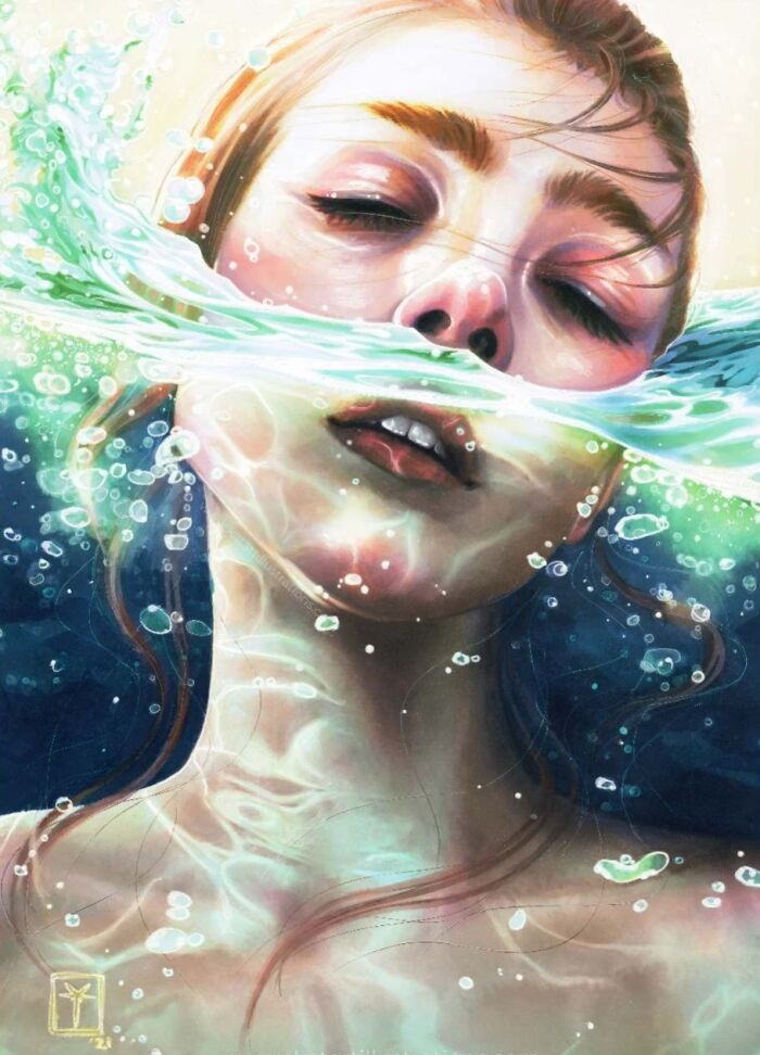 Ethereal illustration of a woman immersed in water, eyes closed, blending with aquatic elements in a dreamlike scene.