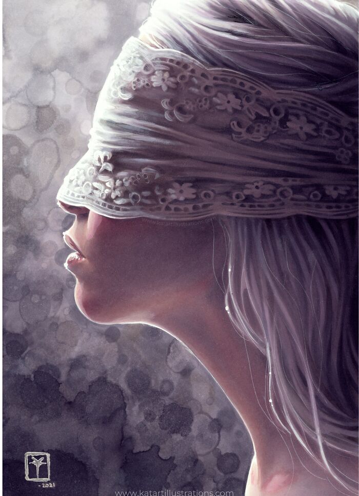 Ethereal illustration of a person with eyes covered by ornate lace, highlighting ethereal beauty and mystery.