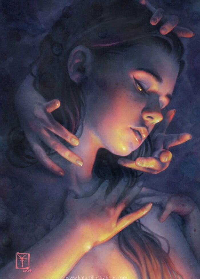 Ethereal illustration by Katrina Young depicting a serene woman surrounded by softly lit hands.