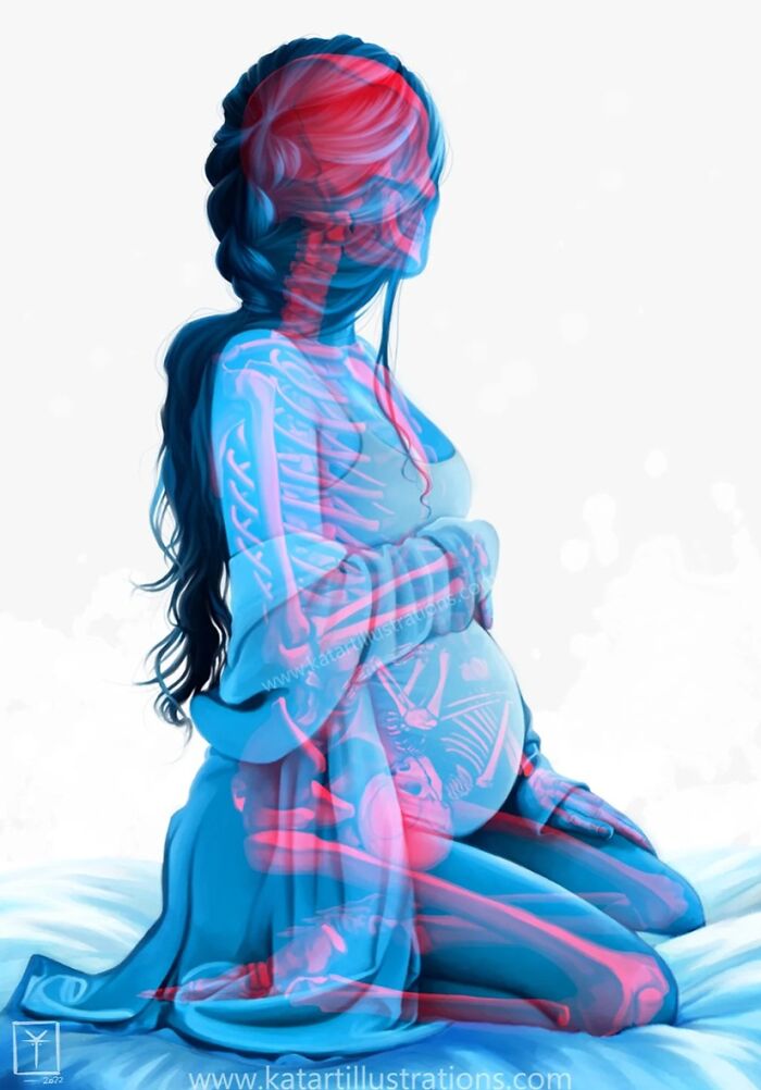 Ethereal illustration of a pregnant woman, her form intertwined with colorful skeletal details.