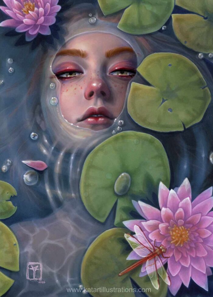 Ethereal illustration of a woman's face in water with lilies and a dragonfly by Katrina Young.